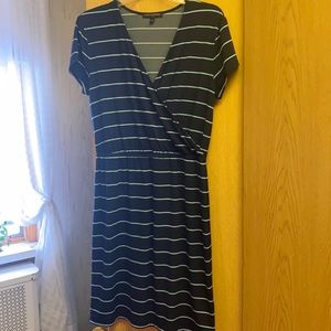 Black v neck dress with blue stripes